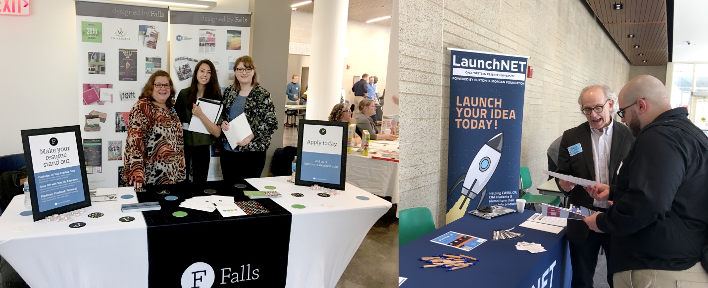 career fair tables with displayed organization information and people conversing